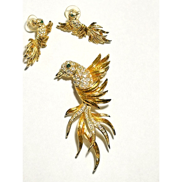 Vtg Set 3, Bird of Paradise Lg 3" Enamel Rhinestone Chrystal Pin Brooch/Earrings - Picture 16 of 16